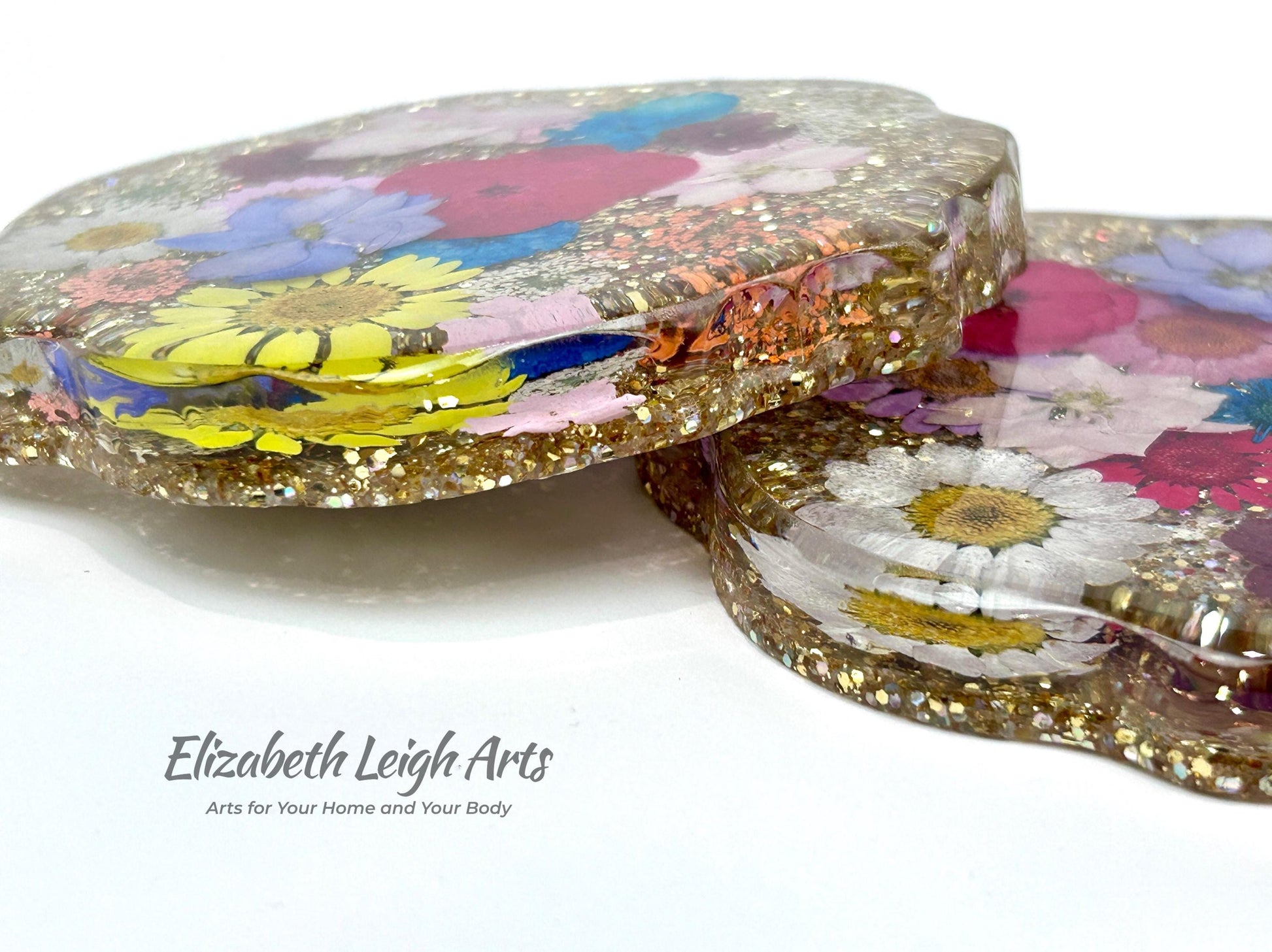 Pressed Flower Geode Resin Coasters Set of 2 Handmade Floral Coasters with Gold Glitter Botanical Home Decor Unique Gift Idea