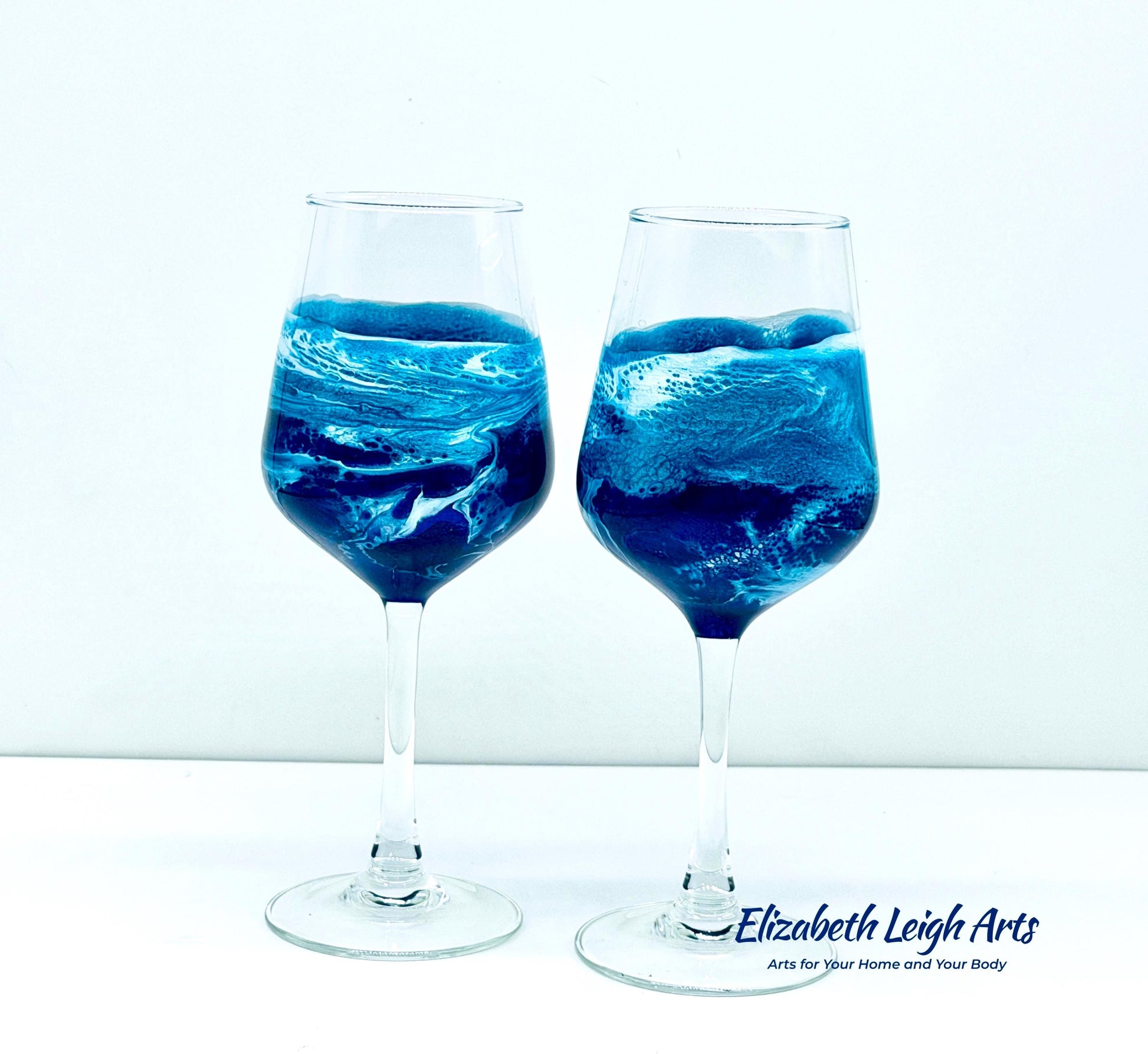 Blue Turquoise Wave Stemmed Wine Glasses, Beach Decor, Set of Two
