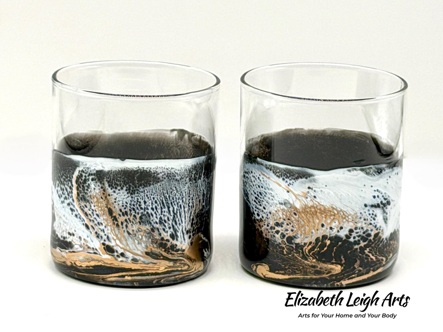 Black Gold White Resin Art Whiskey Glasses Set of Two 11.5 oz