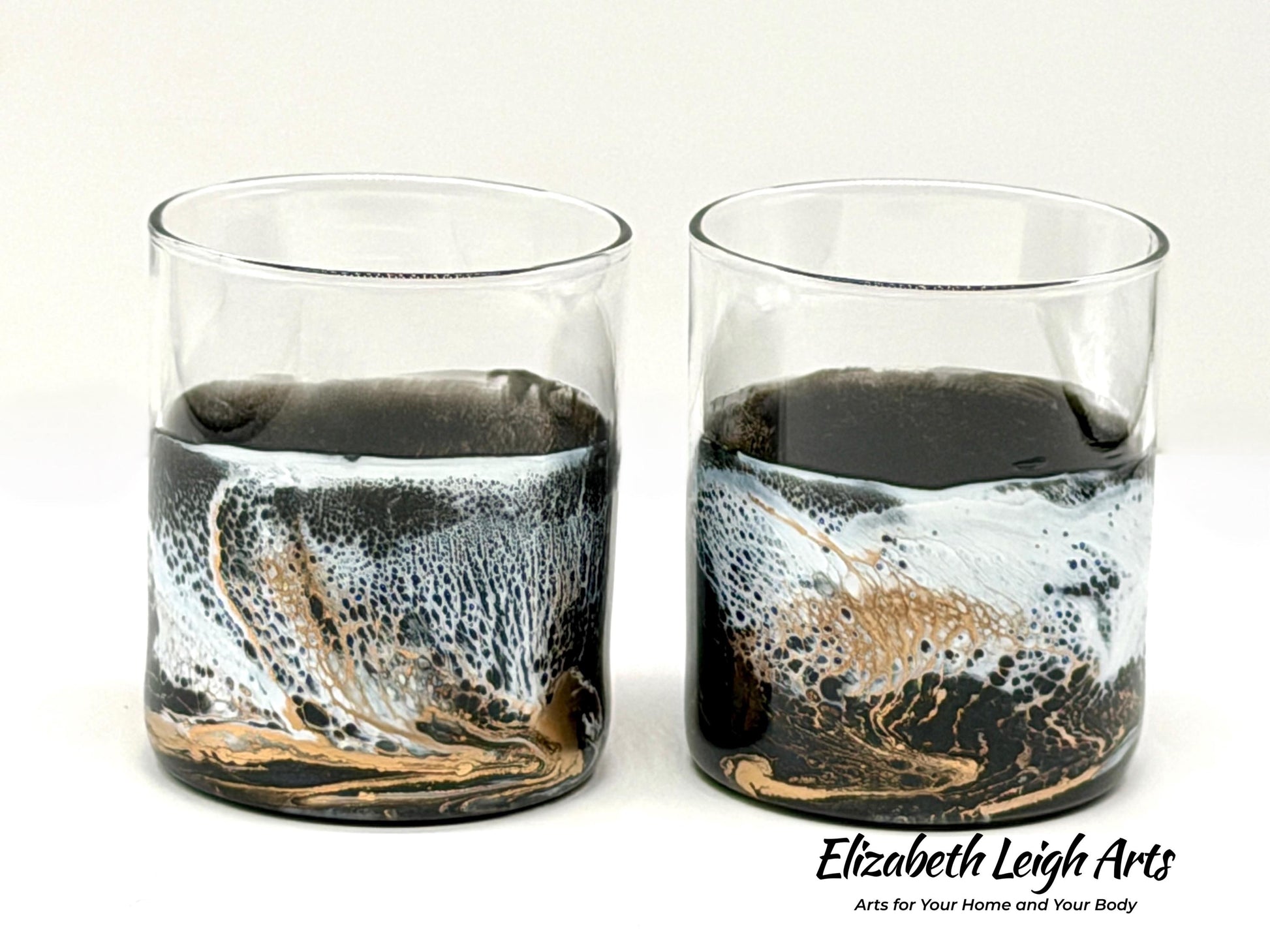Black Gold White Resin Art Whiskey Glasses Set of Two 11.5 oz