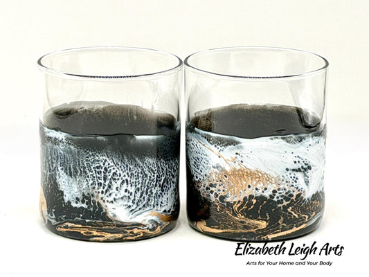 Black Gold White Resin Art Whiskey Glasses Set of Two 11.5 oz