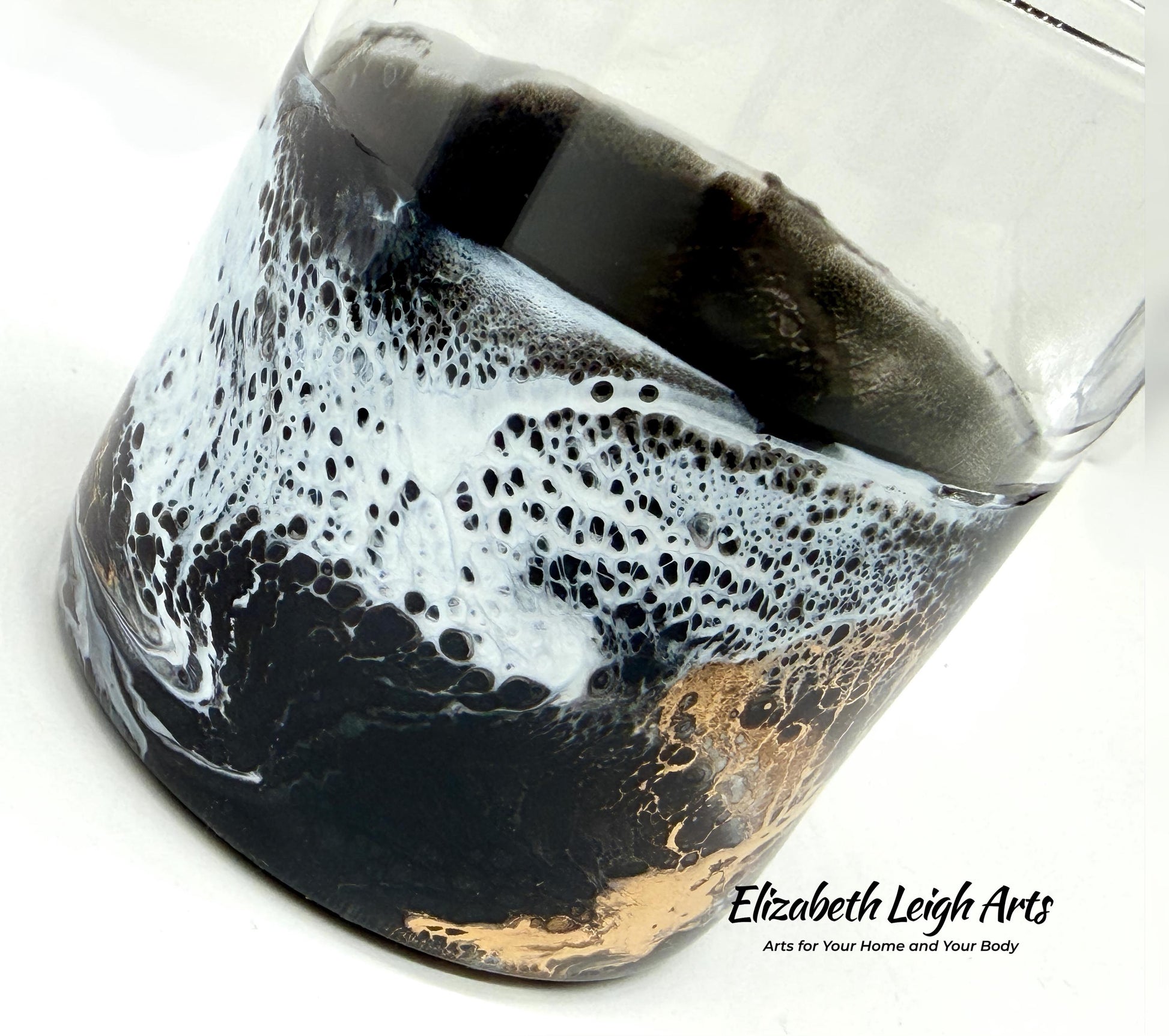Black Gold White Resin Art Whiskey Glasses Set of Two 11.5 oz