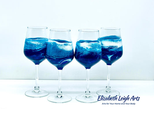 Blue Turquoise Wave Stemmed Wine Glasses, Beach Decor, Set of Two