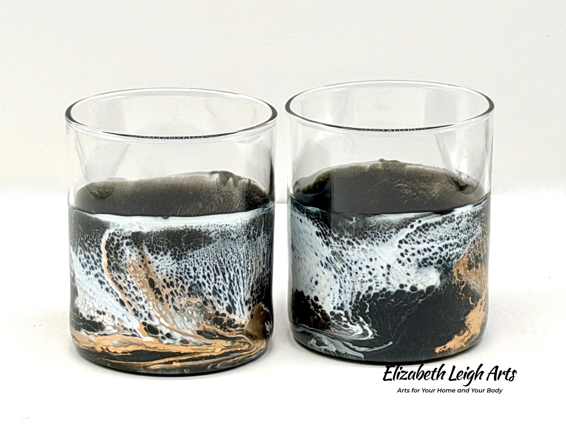 Black Gold White Resin Art Whiskey Glasses Set of Two 11.5 oz