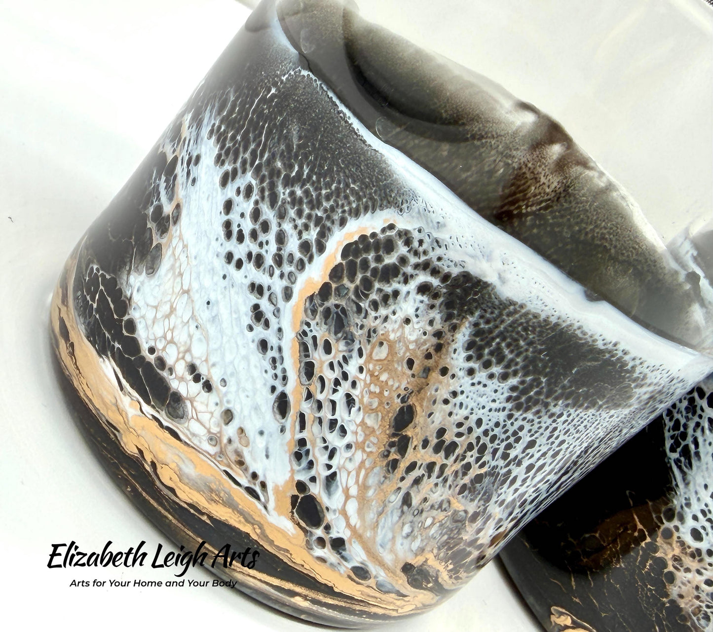 Black Gold White Resin Art Whiskey Glasses Set of Two 11.5 oz