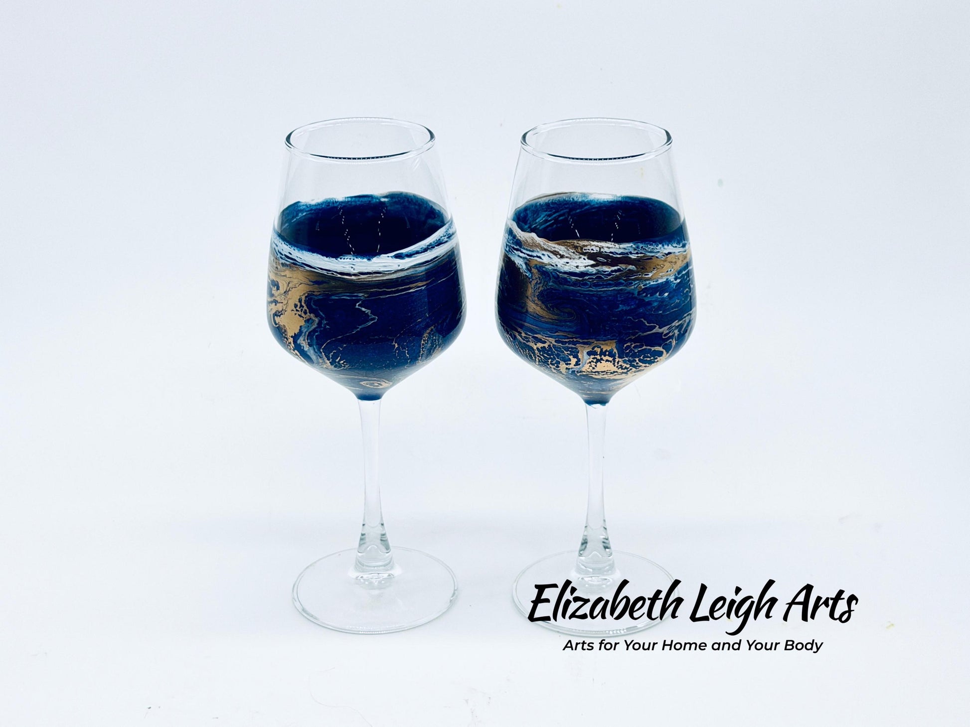 Ocean Blue Gold Wave Stemmed Wine Glasses, Beach Decor, Set of Two