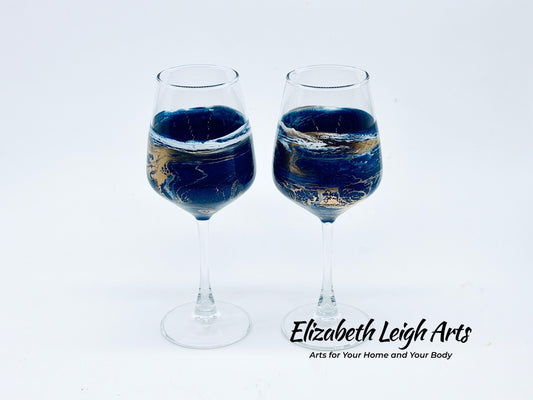 Ocean Blue Gold Wave Stemmed Wine Glasses, Beach Decor, Set of Two
