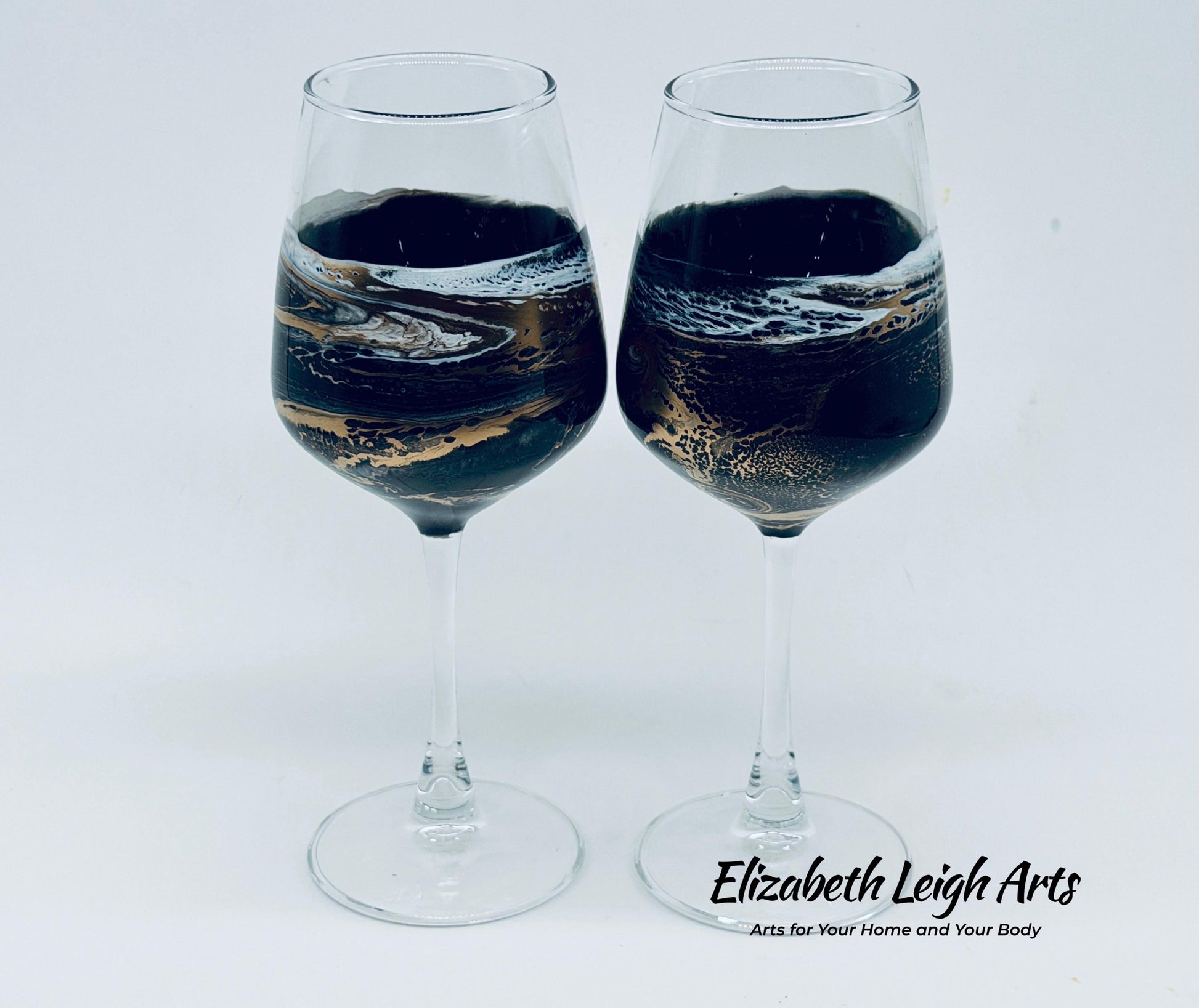 Black Gold Wave Stemmed Wine Glasses, Beach Decor, Set of Two
