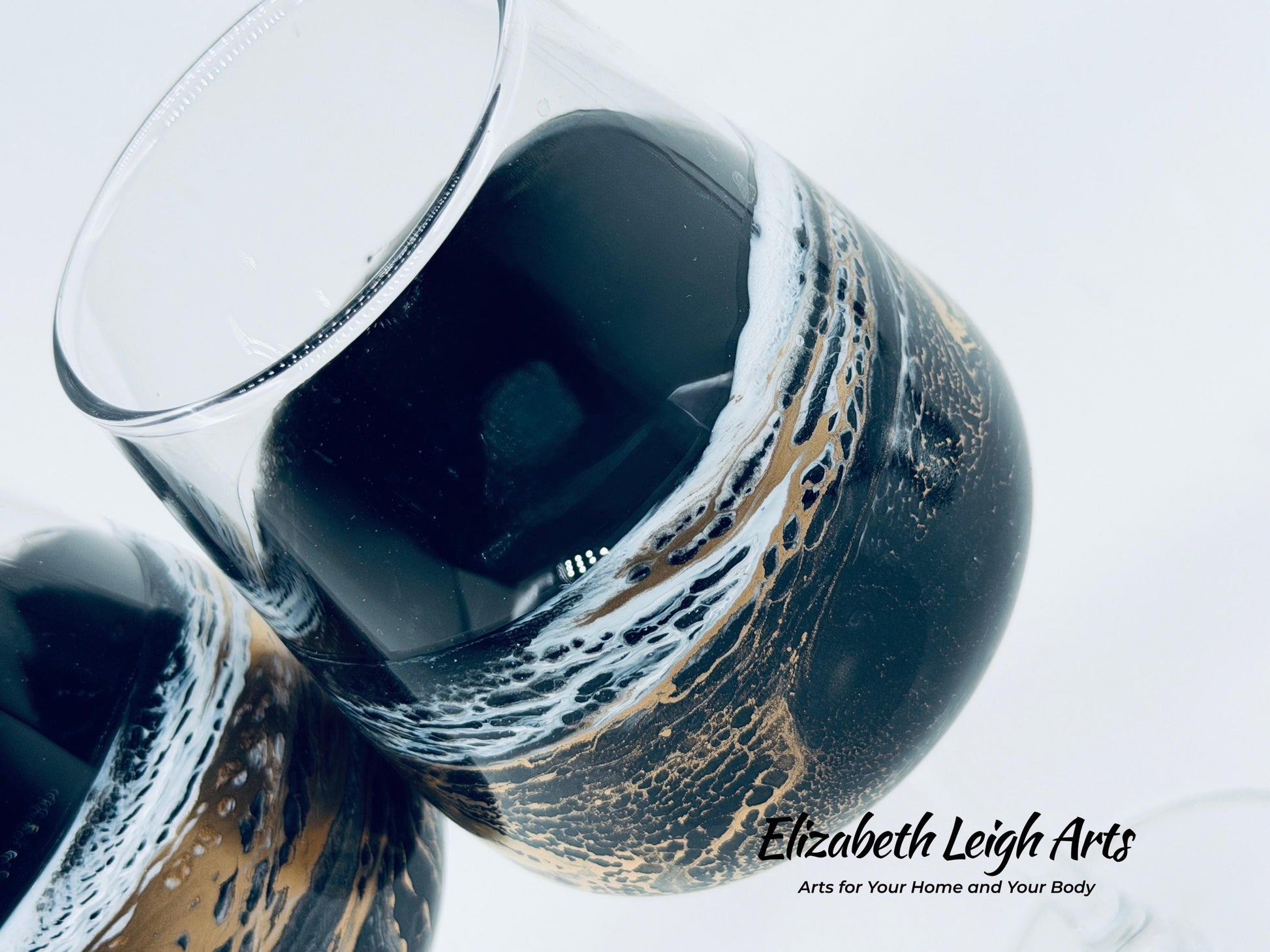 Black Gold Wave Stemmed Wine Glasses, Beach Decor, Set of Two