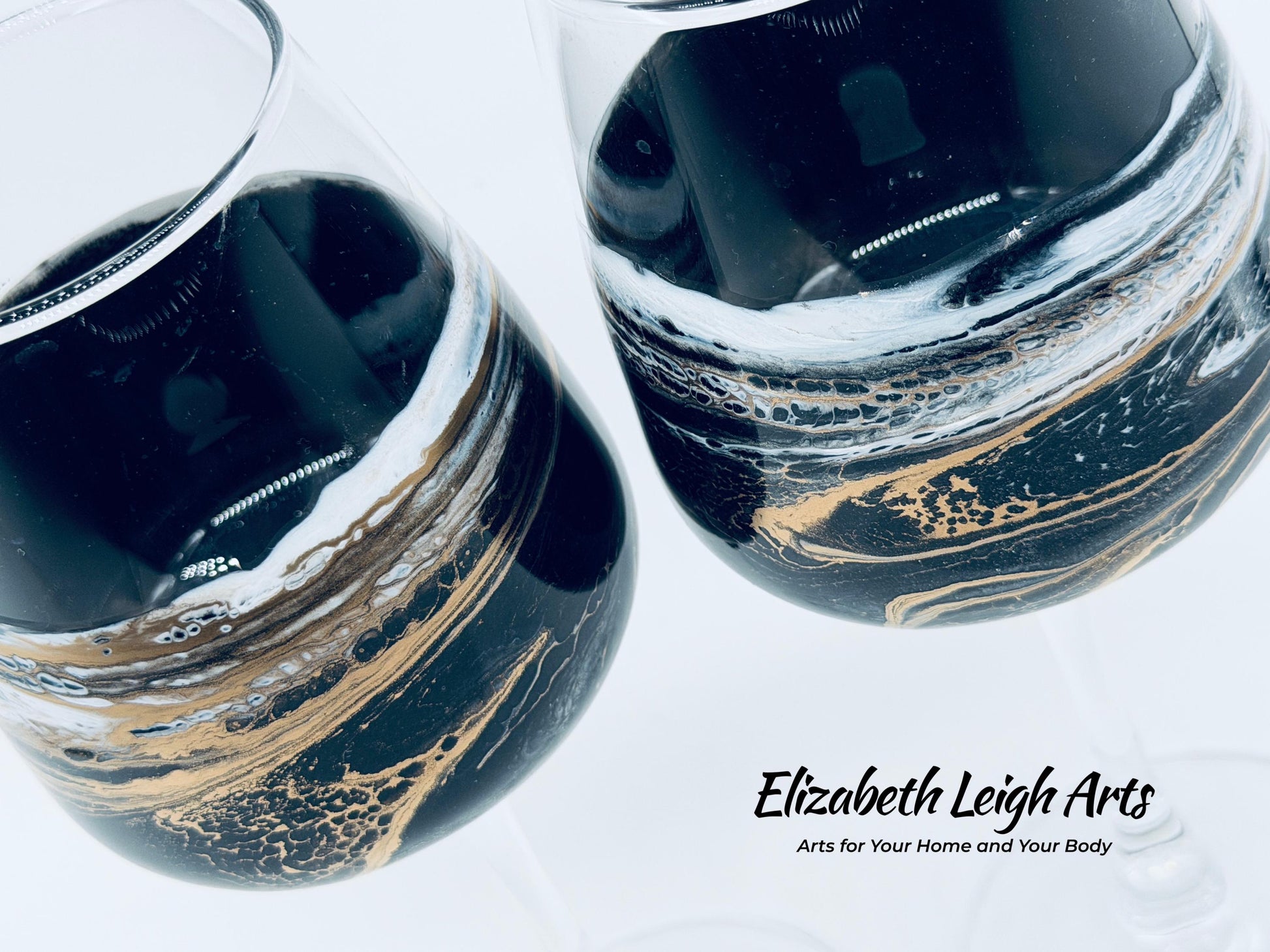 Black Gold Wave Stemmed Wine Glasses, Beach Decor, Set of Two