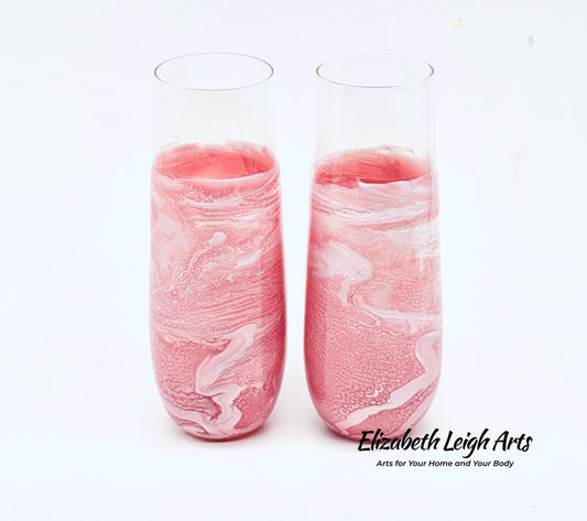 Blush Pink Wave Resin Art Stemless Champagne Glass Set of Two Customize 9.5 Ounce