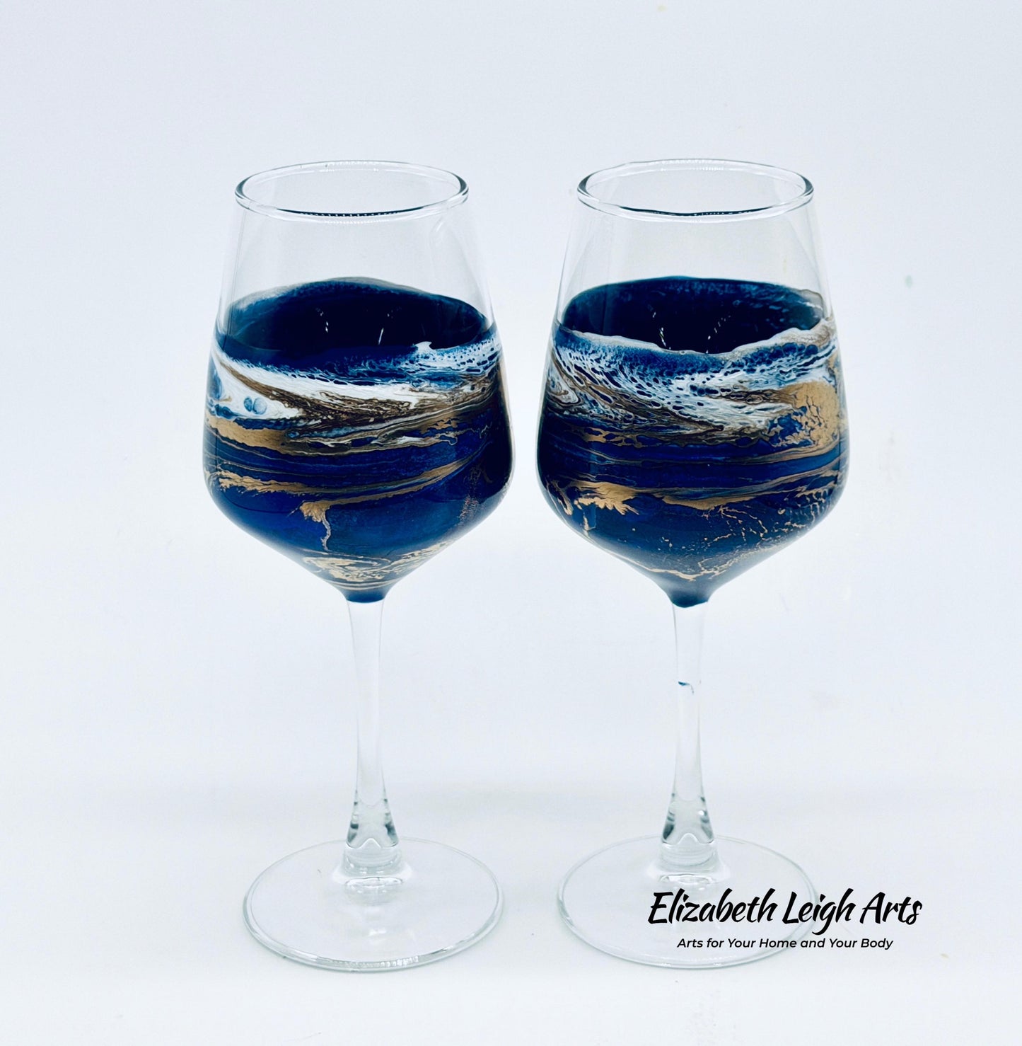 Ocean Blue Gold Wave Stemmed Wine Glasses, Beach Decor, Set of Two