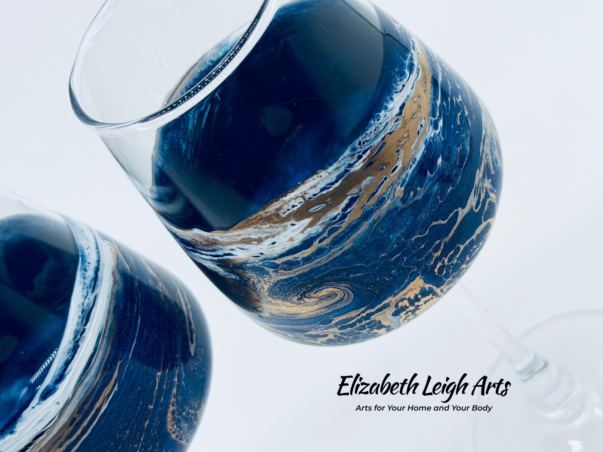 Ocean Blue Gold Wave Stemmed Wine Glasses, Beach Decor, Set of Two