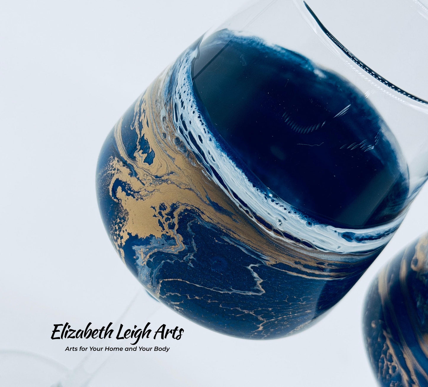 Ocean Blue Gold Wave Stemmed Wine Glasses, Beach Decor, Set of Two