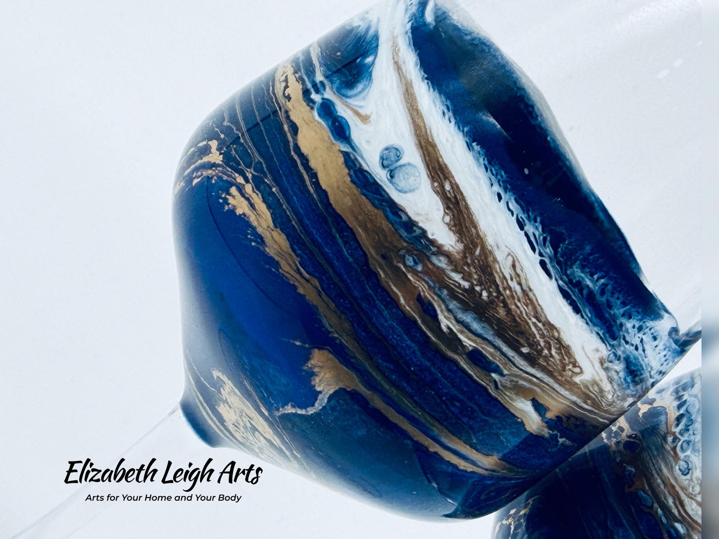 Ocean Blue Gold Wave Stemmed Wine Glasses, Beach Decor, Set of Two