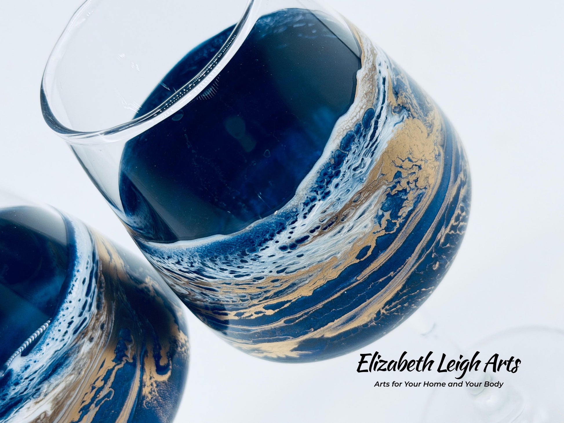 Ocean Blue Gold Wave Stemmed Wine Glasses, Beach Decor, Set of Two