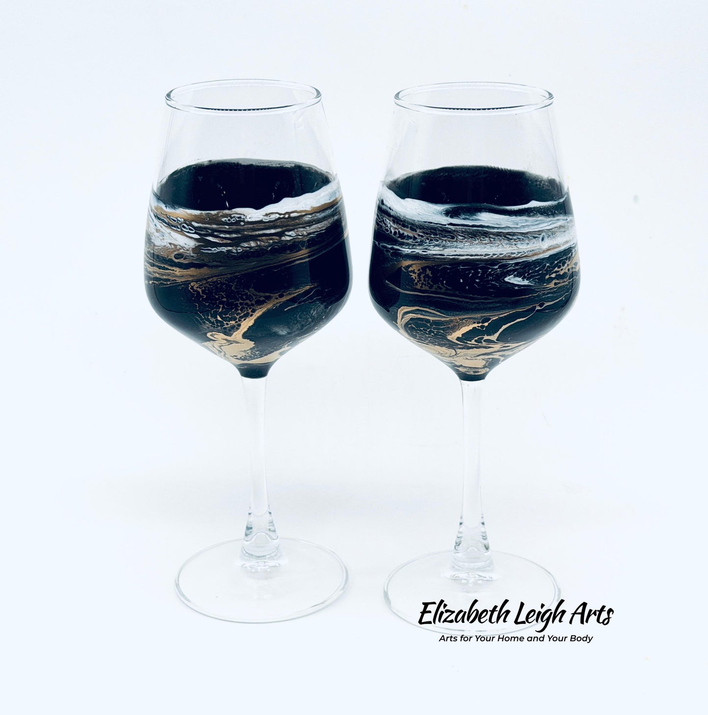 Black Gold Wave Stemmed Wine Glasses, Beach Decor, Set of Two