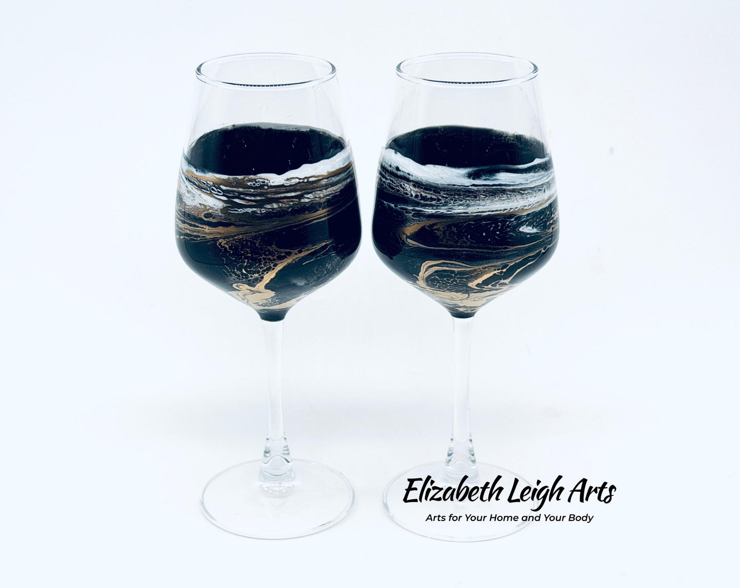 Black Gold Wave Stemmed Wine Glasses, Beach Decor, Set of Two