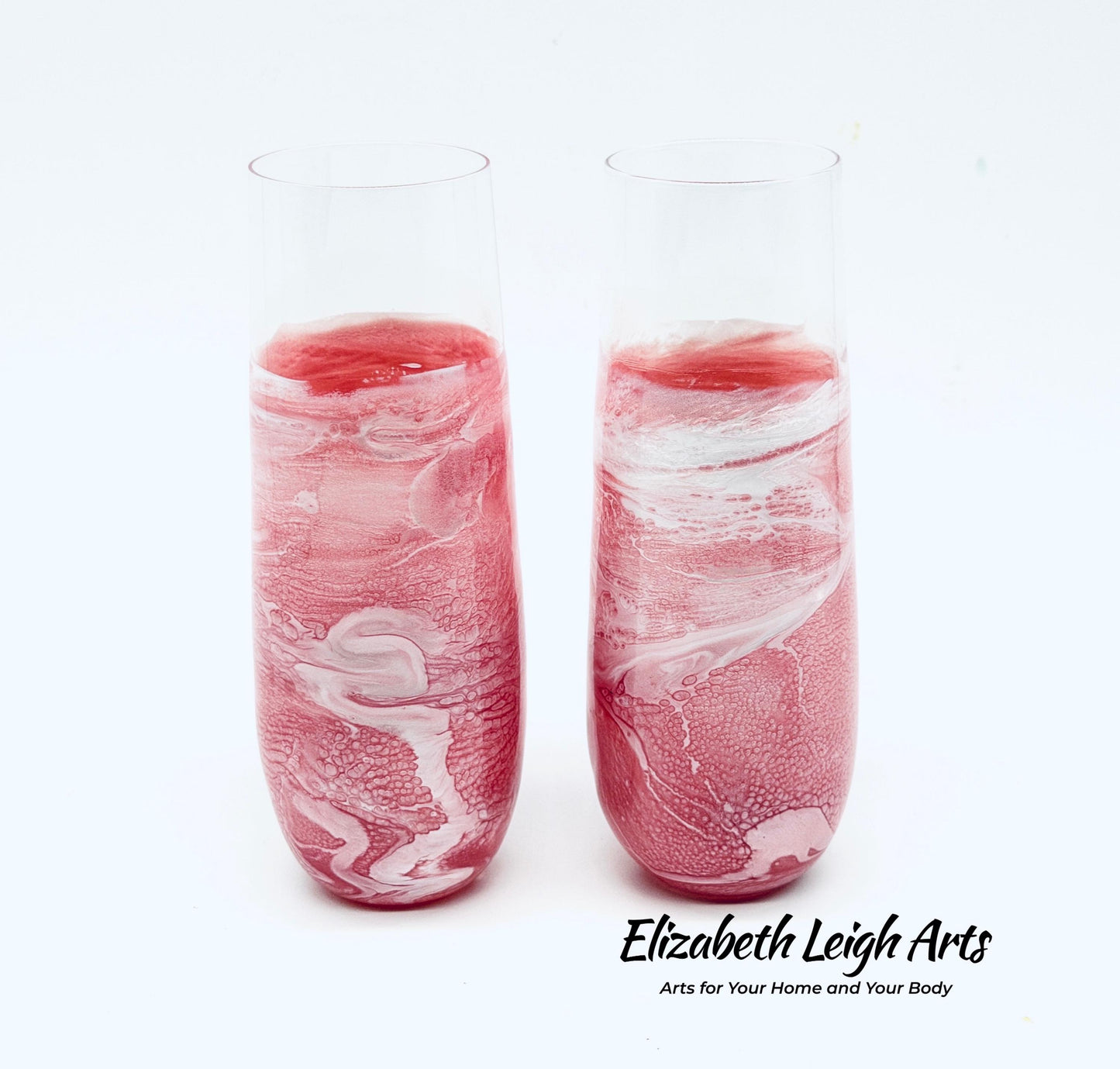 Blush Pink Wave Resin Art Stemless Champagne Glass Set of Two Customize 9.5 Ounce