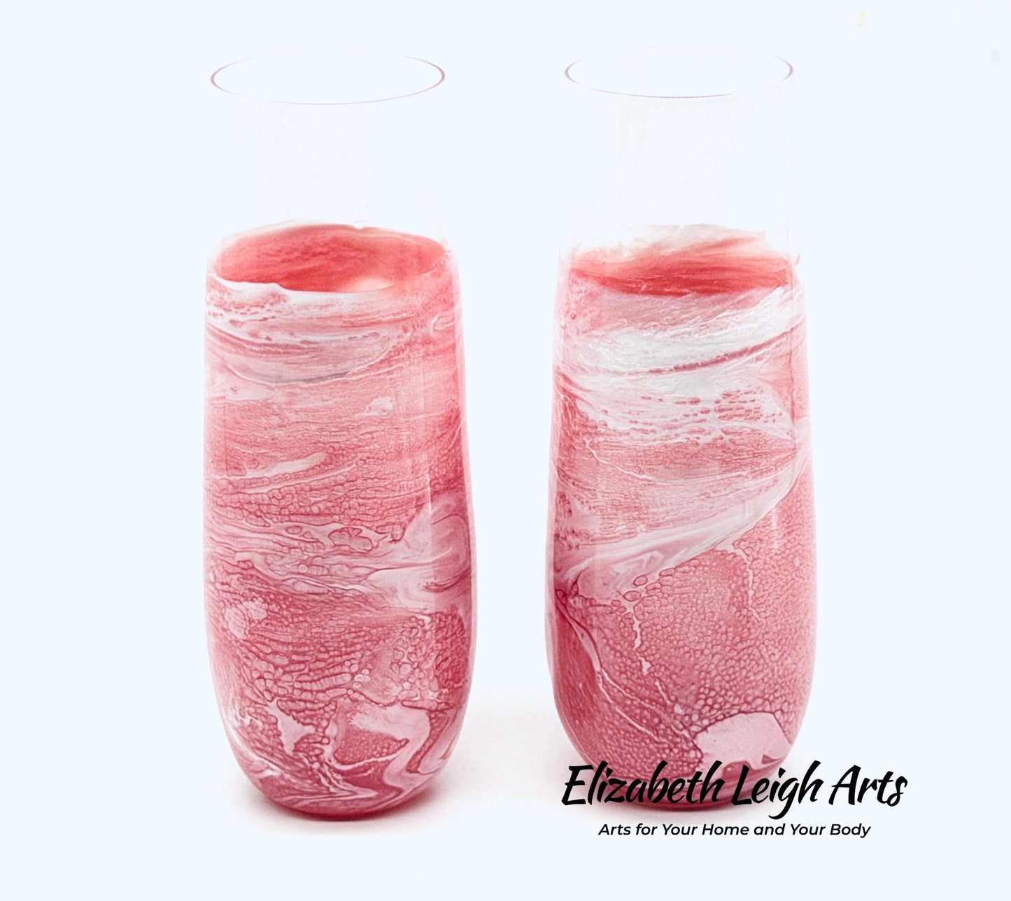 Blush Pink Wave Resin Art Stemless Champagne Glass Set of Two Customize 9.5 Ounce