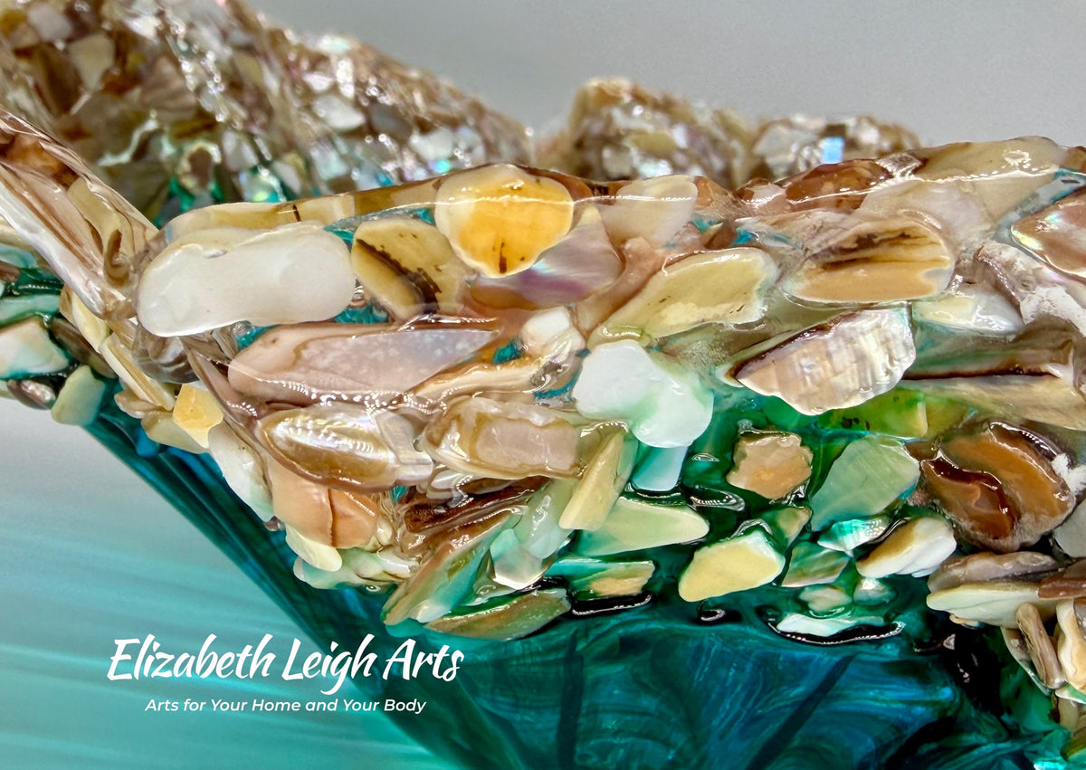 Turquoise and Green Resin Bowl with Crushed Shells: Beach House Decor