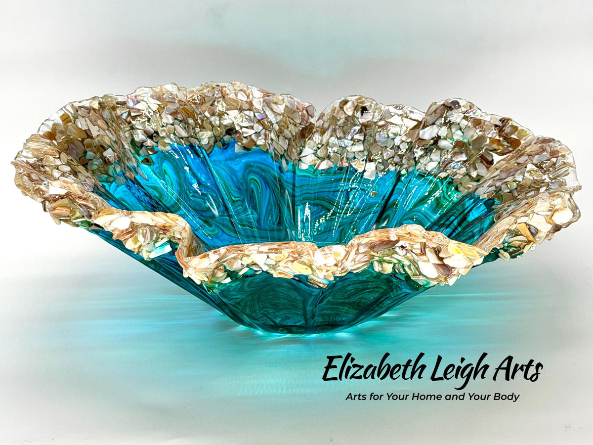 Turquoise and Green Resin Bowl with Crushed Shells: Beach House Decor