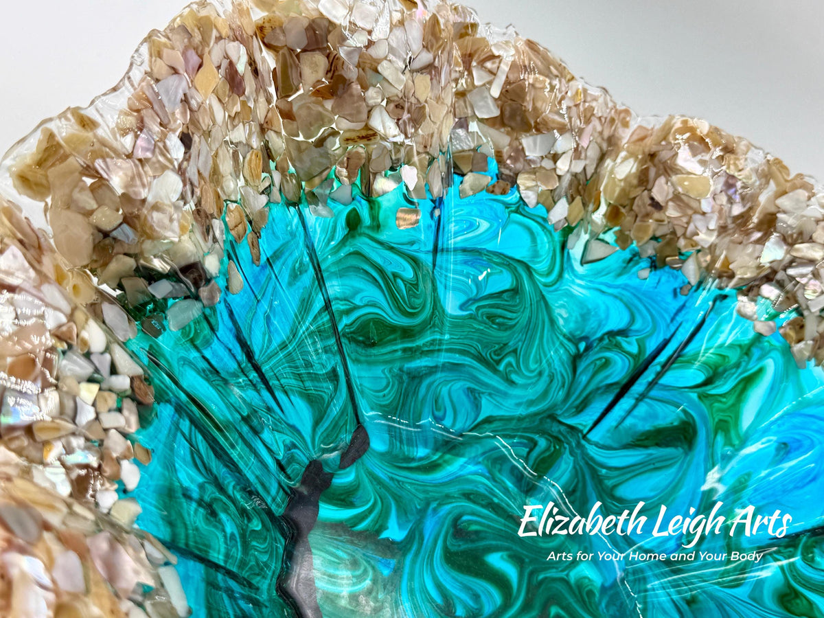 Turquoise and Green Resin Bowl with Crushed Shells: Beach House Decor