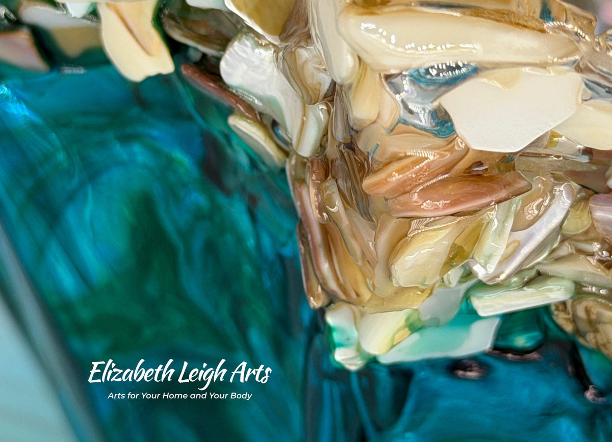 Turquoise and Green Resin Bowl with Crushed Shells: Beach House Decor