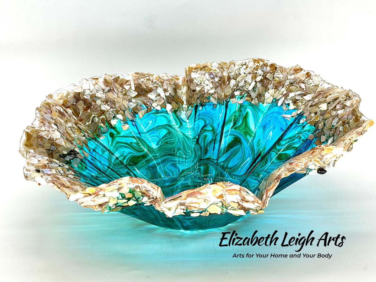 Turquoise and Green Resin Bowl with Crushed Shells: Beach House Decor