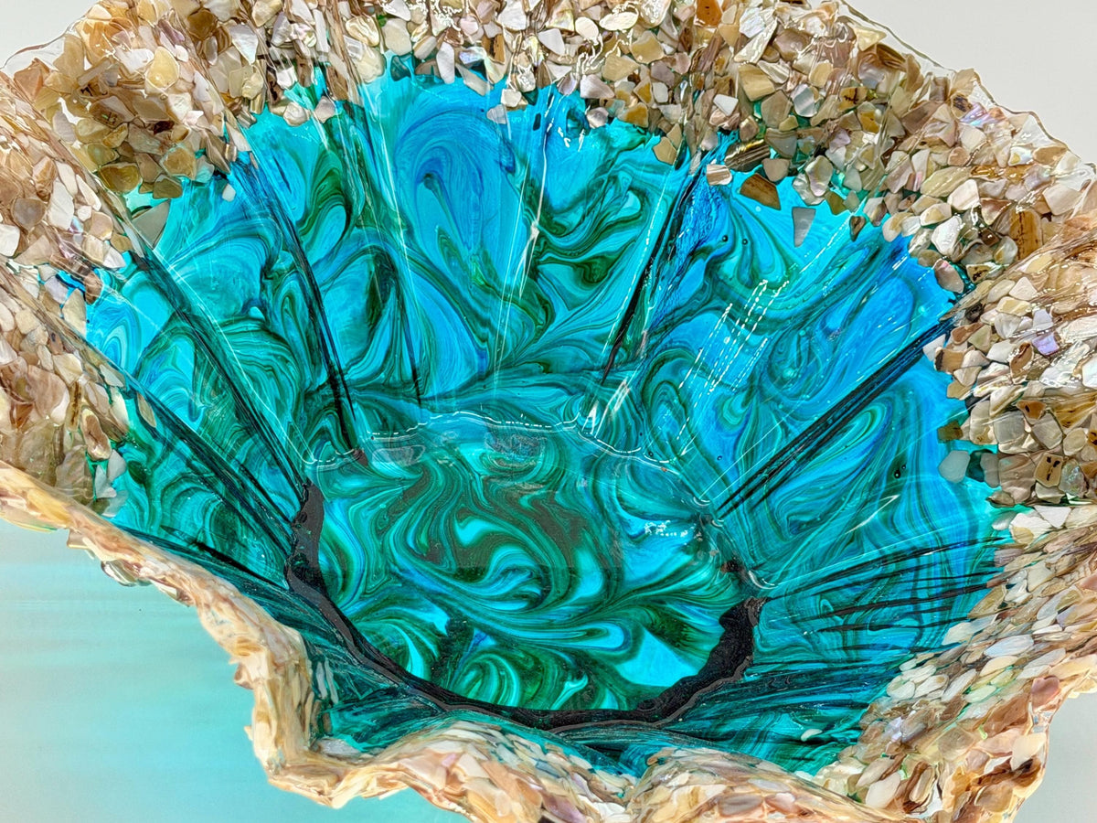 Turquoise and Green Resin Bowl with Crushed Shells: Beach House Decor