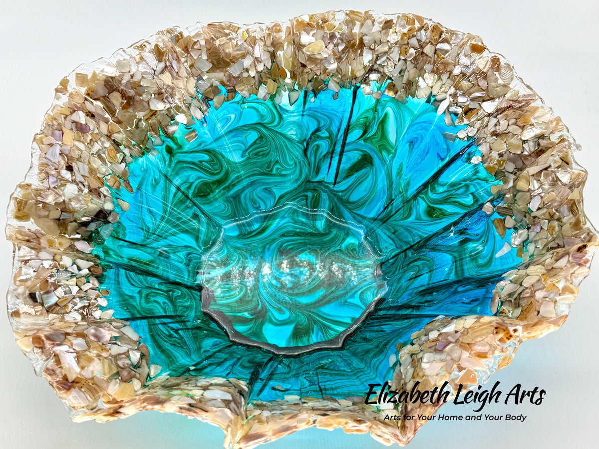 Turquoise and Green Resin Bowl with Crushed Shells: Beach House Decor