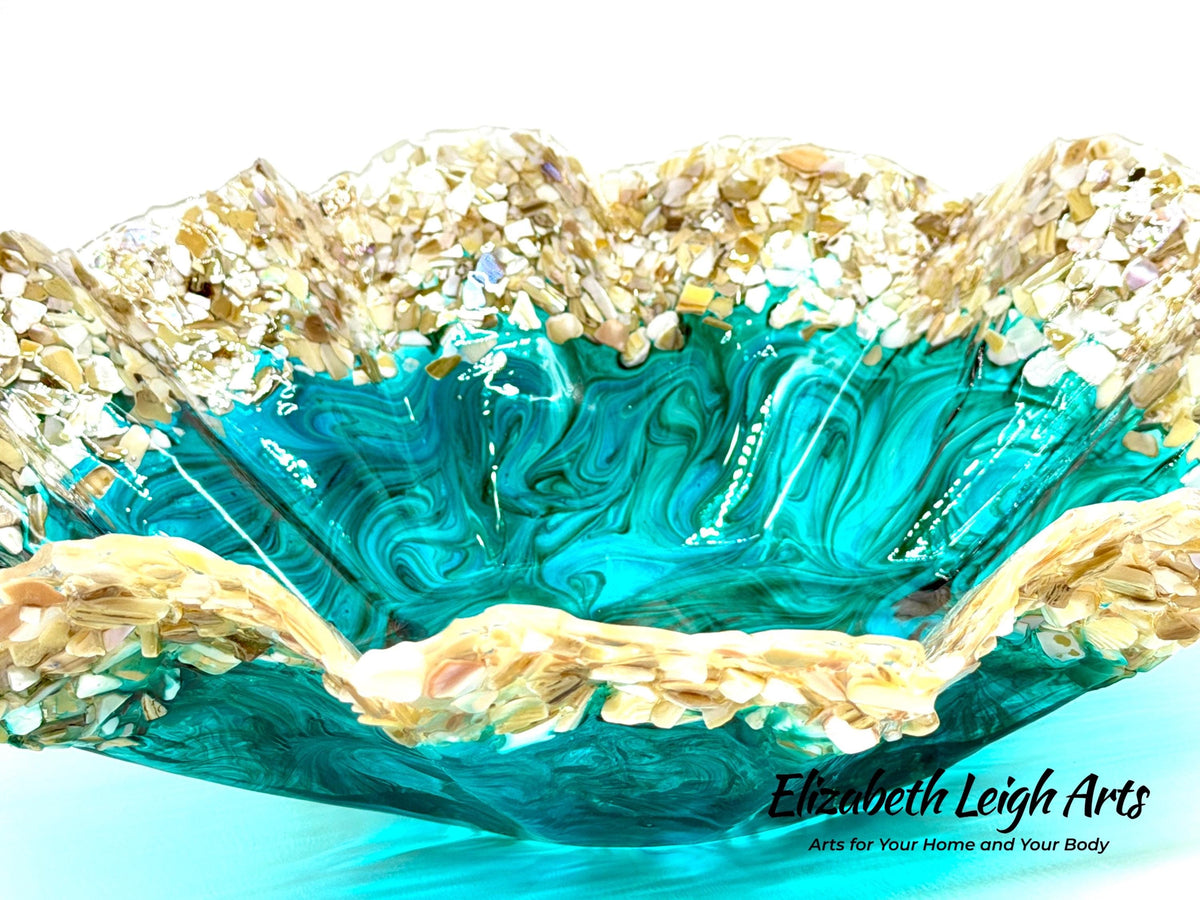 Turquoise and Green Freeform Bowl with Crushed Shells: Beach House Decor