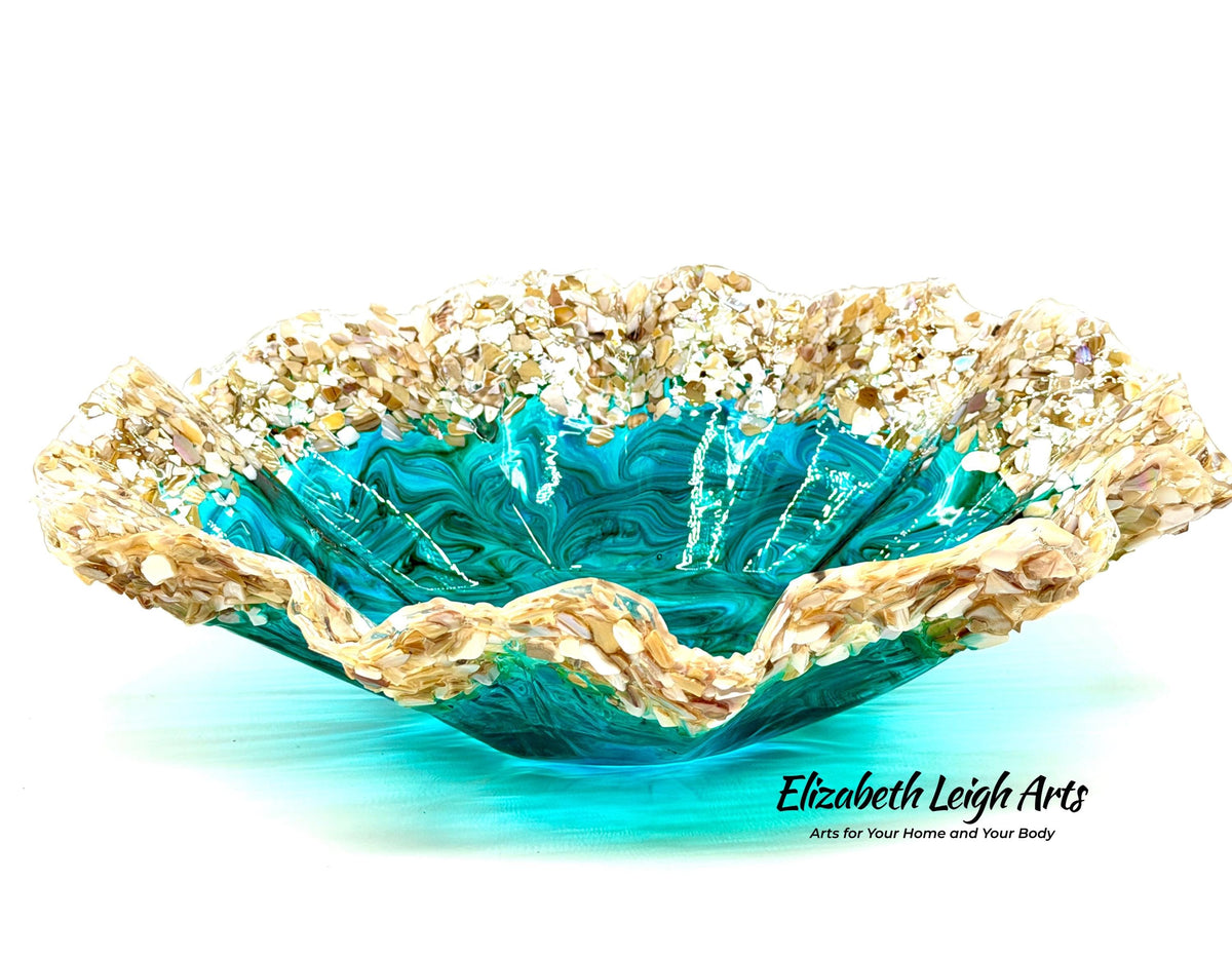 Turquoise and Green Freeform Bowl with Crushed Shells: Beach House Decor