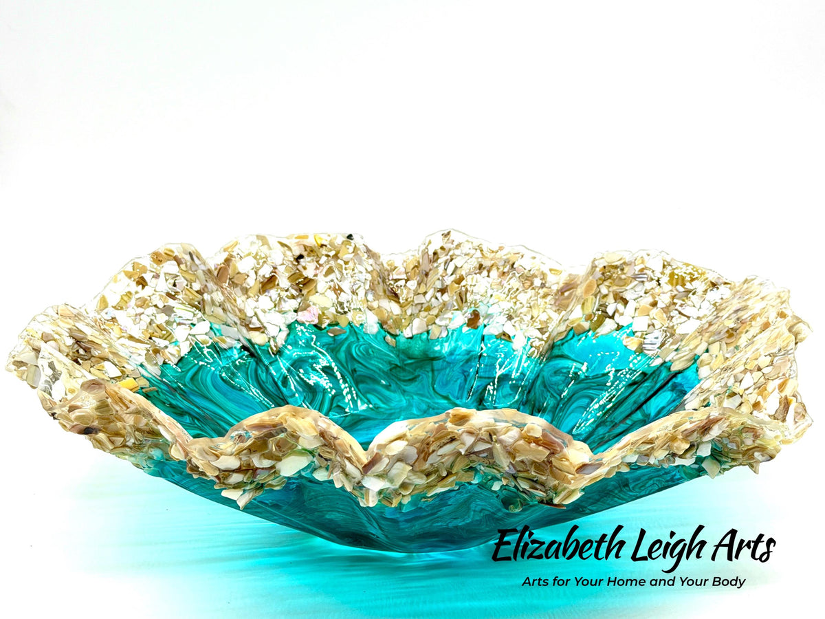 Turquoise and Green Freeform Bowl with Crushed Shells: Beach House Decor