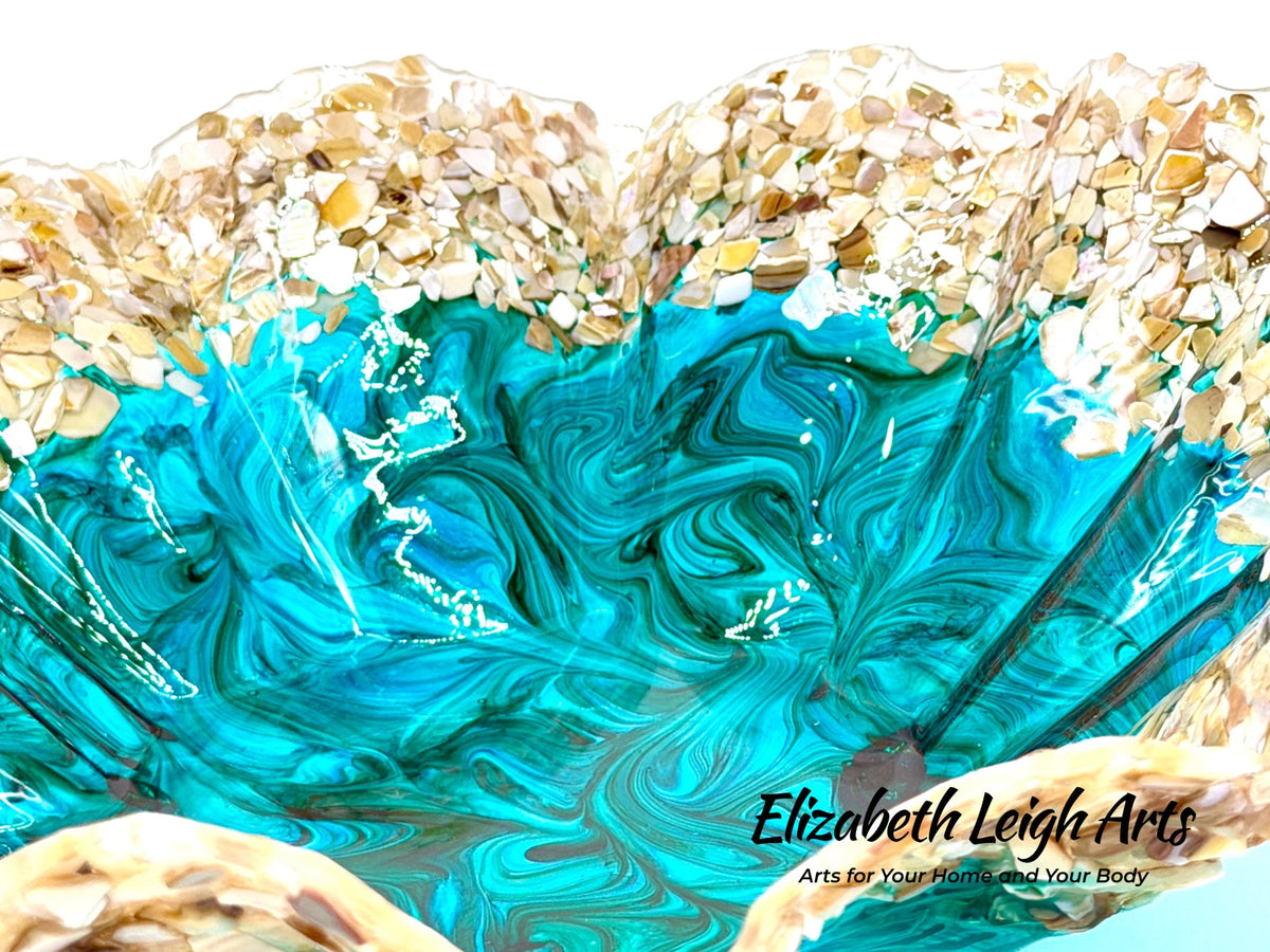 Turquoise and Green Freeform Bowl with Crushed Shells: Beach House Decor