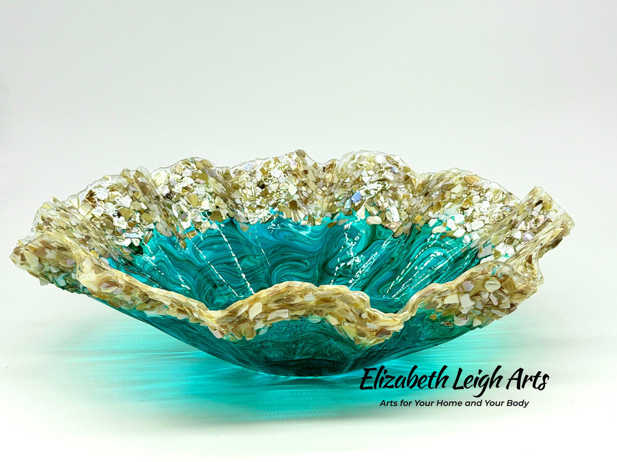 Turquoise and Green Freeform Bowl with Crushed Shells: Beach House Decor