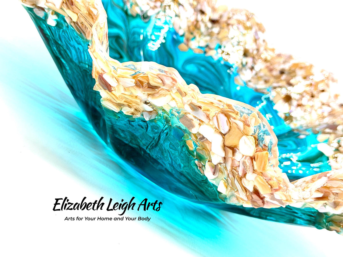 Turquoise and Green Freeform Bowl with Crushed Shells: Beach House Decor