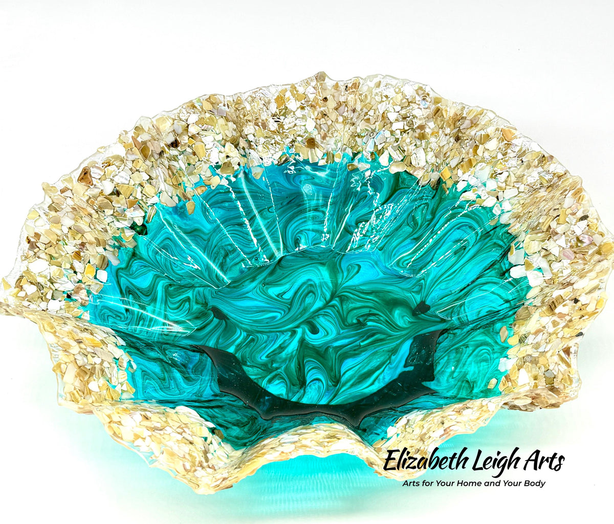 Turquoise and Green Freeform Bowl with Crushed Shells: Beach House Decor