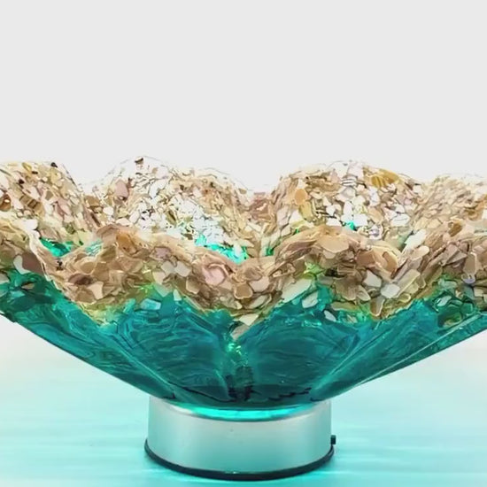 Turquoise and Green Freeform Bowl with Crushed Shells: Beach House Decor
