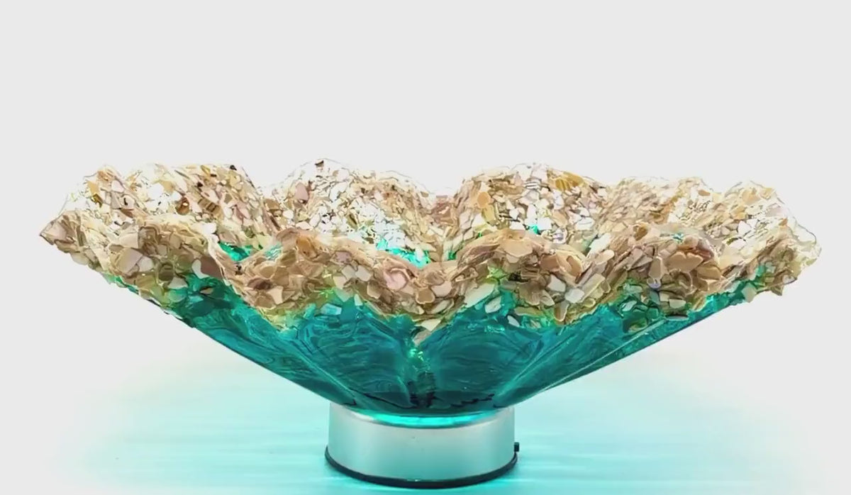 Turquoise and Green Freeform Bowl with Crushed Shells: Beach House Decor