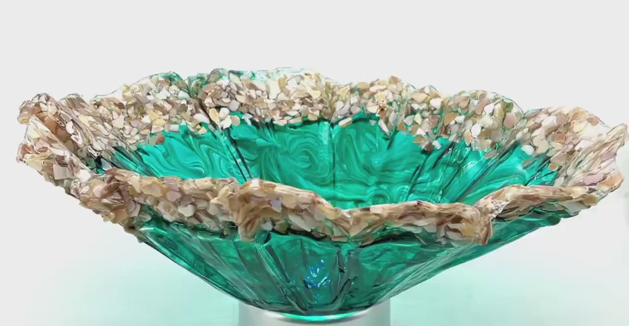 Ocean Turquoise and Green Swirled Resin and Crushed Shell Decorative Bowl MADE TO ORDER